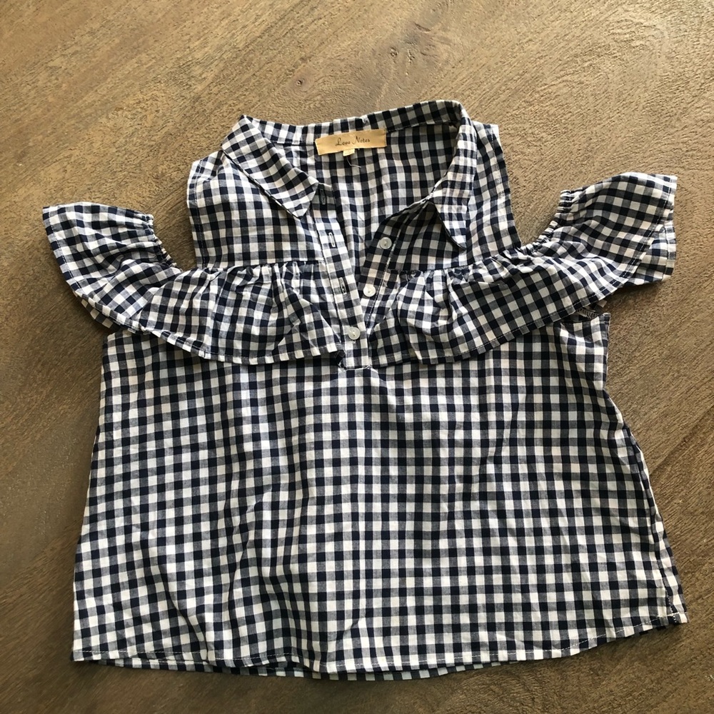 LOVE NOTES Cold Shoulder Gingham Ruffle Top  M
